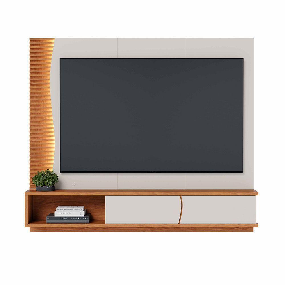Painel Tv 65 Pol 180cm Bancada Suspensa Ripado Manacá C04 - D'rossi Cor Off White Matte E Freijó - 9