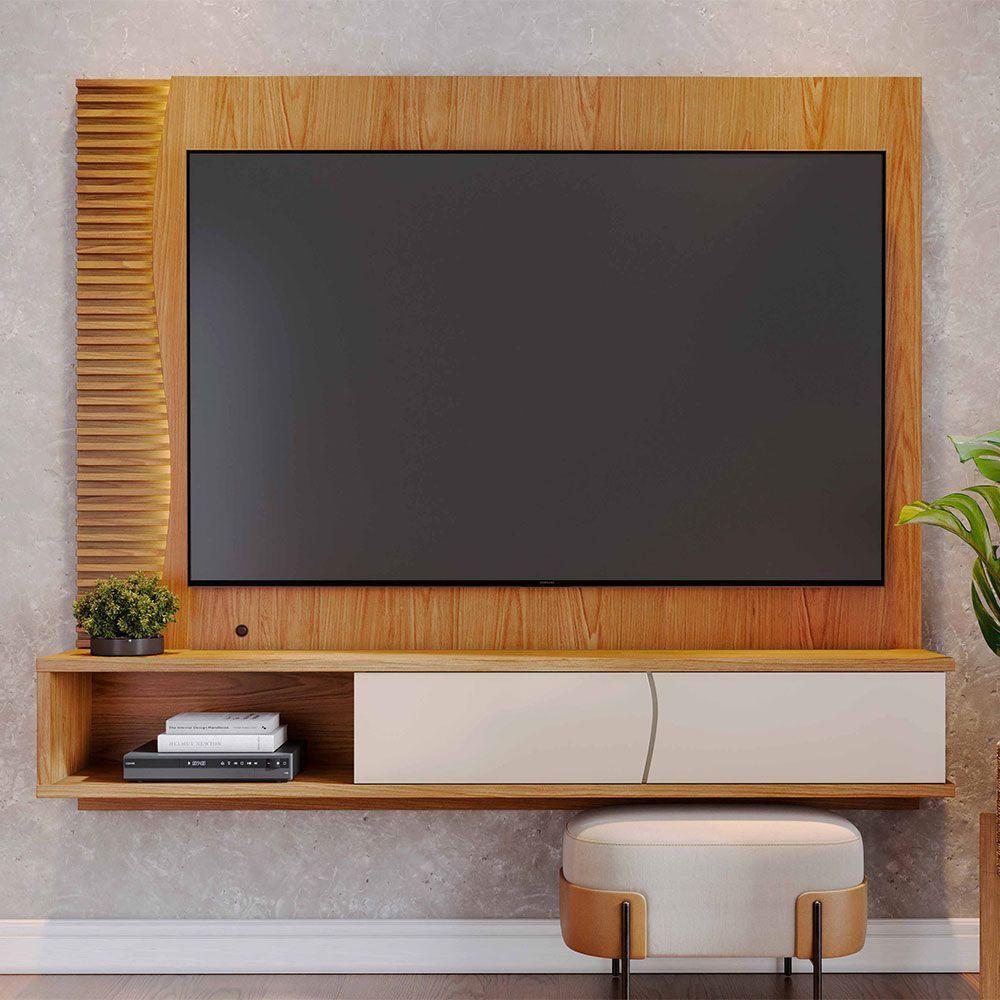Painel Tv 65 Pol 180cm Bancada Suspensa Ripado Manacá C04 - D'rossi Cor Freijó E Off White Matte - 2
