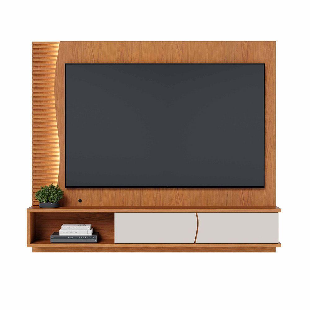 Painel Tv 65 Pol 180cm Bancada Suspensa Ripado Manacá C04 - D'rossi Cor Freijó E Off White Matte - 10