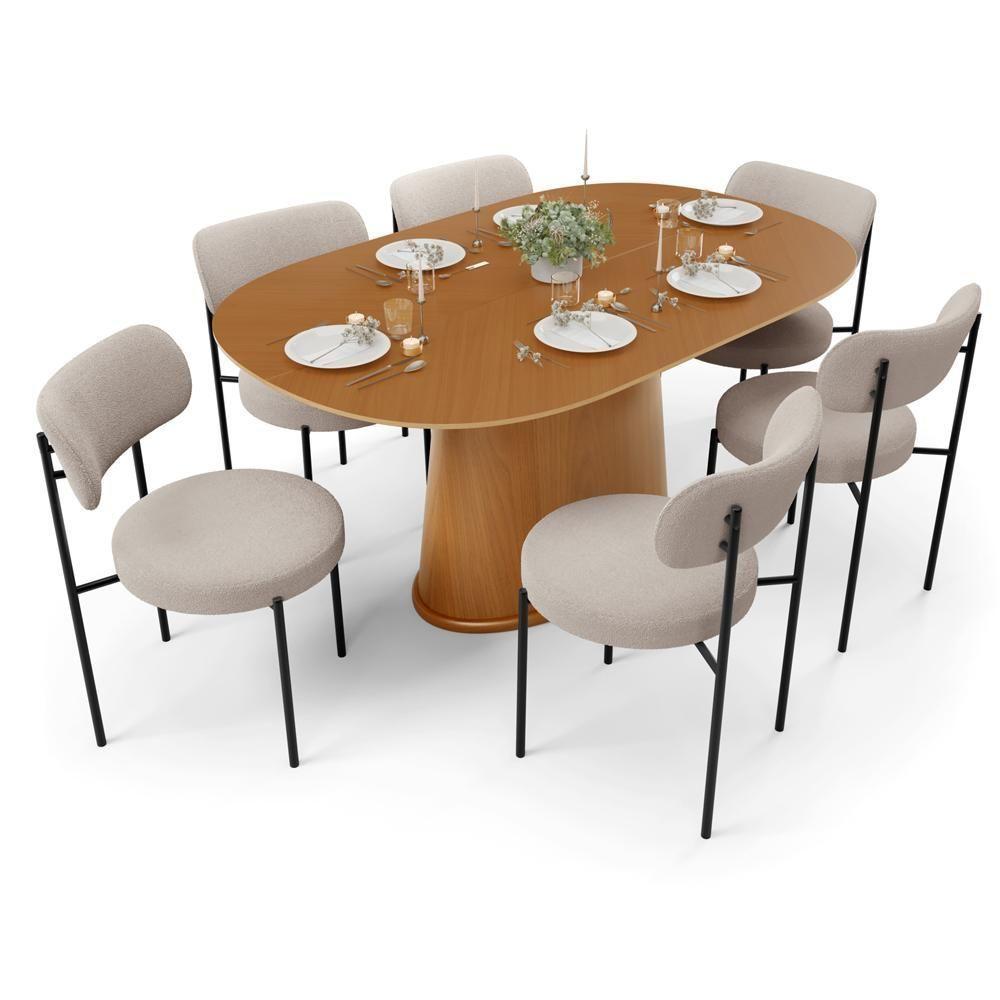 Mesa Valência Com 06 Cadeiras Para Sala De Jantar Louise L02 Bouclê Creme - Lyam Decor - 1