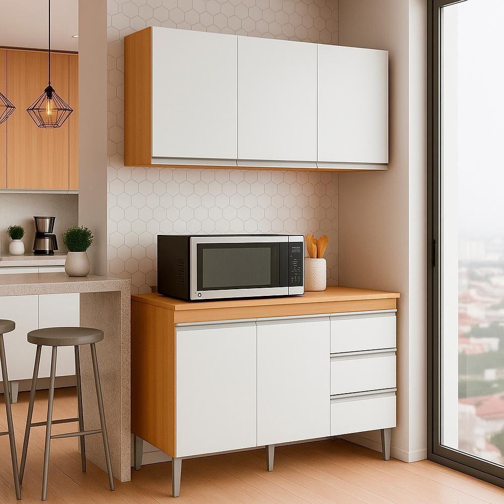 Armario Aereo E Balcao Com Tampo 120 Cm Andreia Amendoa Branco Reajl Moveis Amendoa Branco - 2