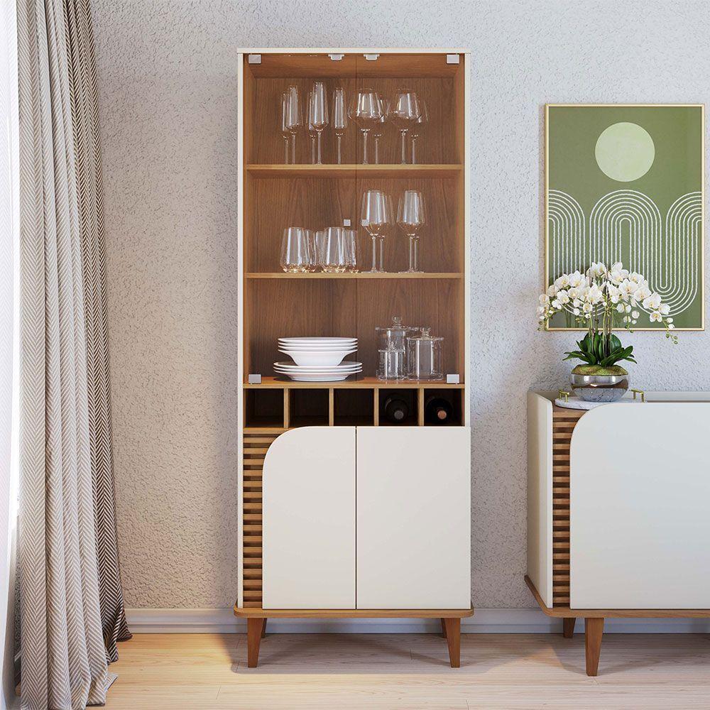 Cristaleira 2 Portas De Vidro E Adega Ewa Cozinha C04 - D'rossi Cor Off White Matte E Freijó - 1
