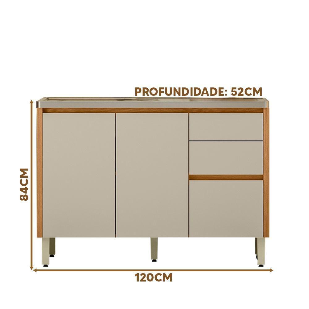 Balcão Para Pia 120cm Cozinha Sem Tampo 3 Portas Nature - 4