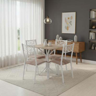 Mesa De Aço Cozinha Com 4 Cadeiras De Jantar Pequena Branco - Branco E Carvalho