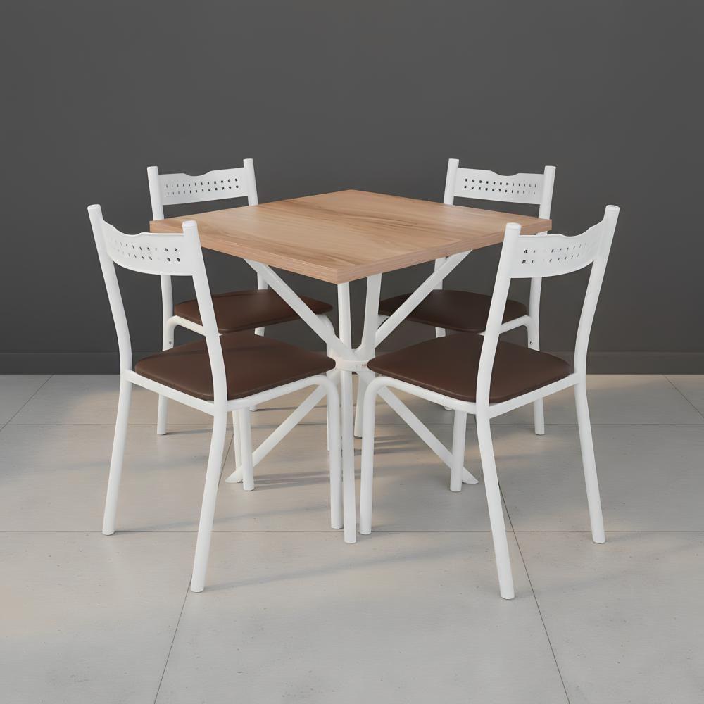 Mesa De Aço Quadrada Com 4 Cadeiras De Jantar 75cm - Branco E Carvalho - 1