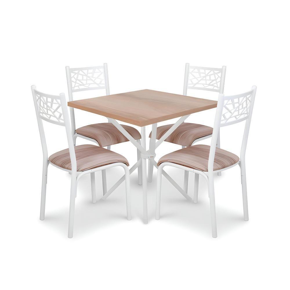 Mesa De Aço Quadrada Lugares Com 4 Cadeiras De Jantar 75cm - Branco E Carvalho - 4