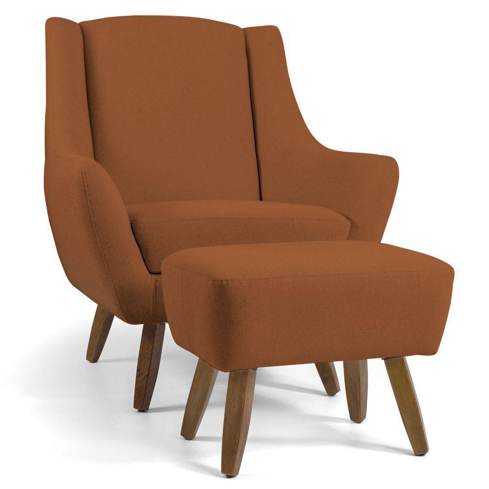 Poltrona Decorativa Com Puff Sala De Estar Pés De Madeira Naomi Veludo Telha G15 - Gran Belo - 1