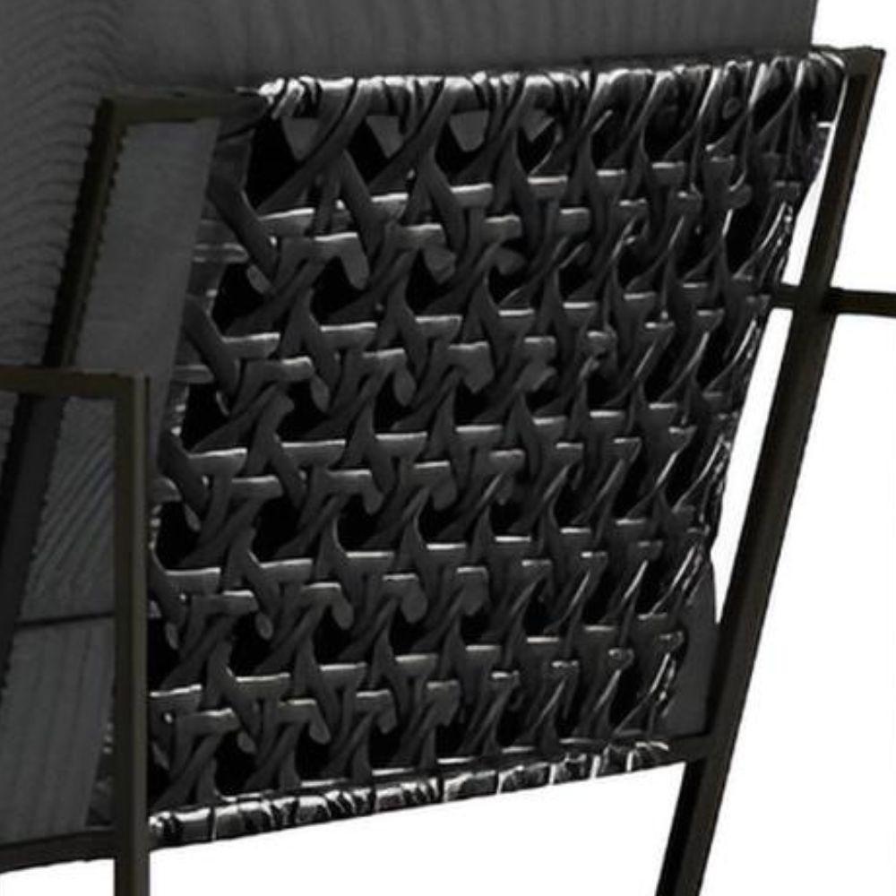 Poltrona Decorativa Roma Linho Cinza Escuro Com Rattan Grafite Em Metal Preto - 4