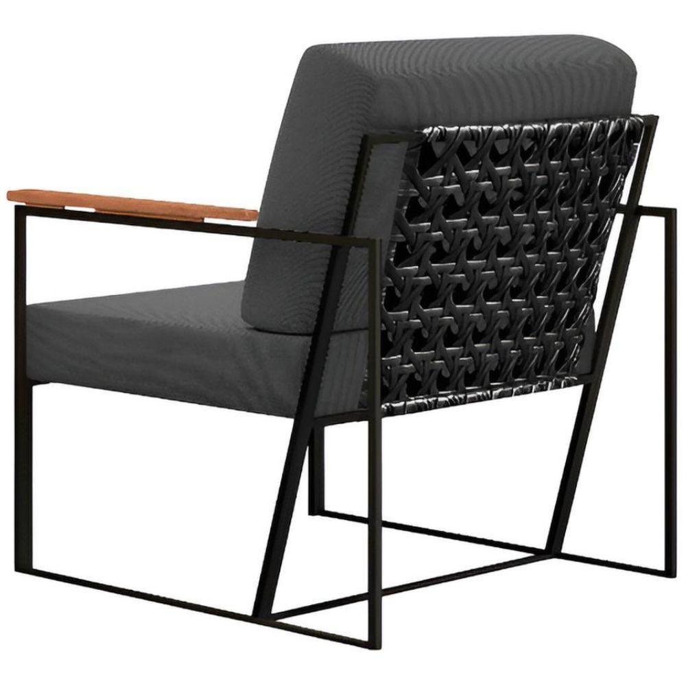 Poltrona Decorativa Roma Linho Cinza Escuro Com Rattan Grafite Em Metal Preto - 5