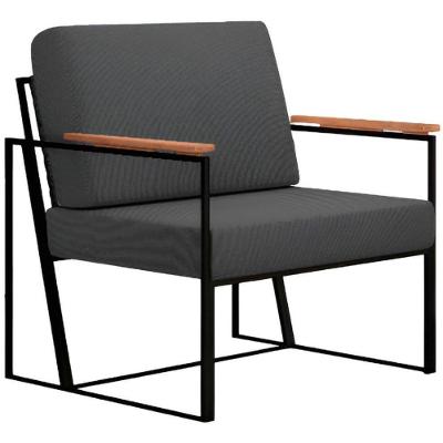 Poltrona Decorativa Roma Linho Cinza Escuro Com Rattan Grafite Em Metal Preto