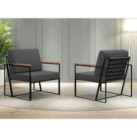Poltrona Decorativa Roma Linho Cinza Escuro Com Rattan Grafite Em Metal Preto - 2