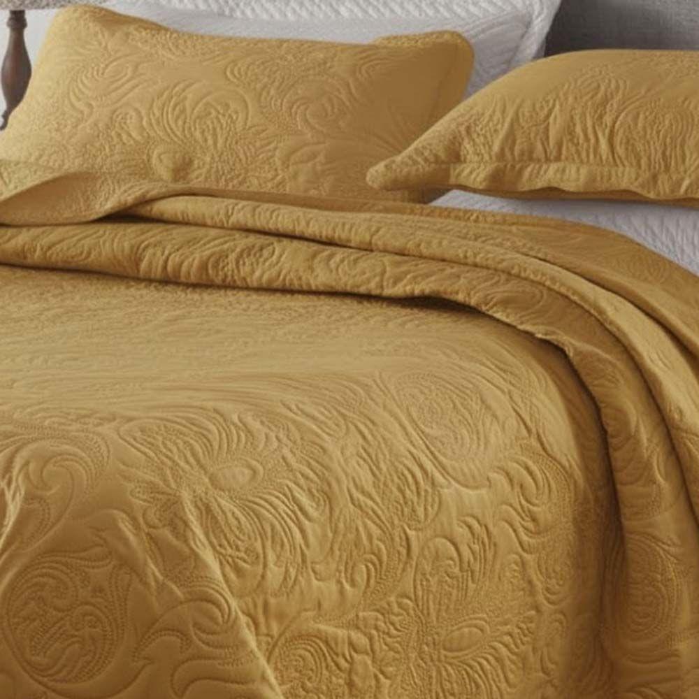 Kit Cobre Leito Colcha Basic Queen 3 Peças Dupla Face Liso Classic - Açafrão - 100% Poliéster - 2