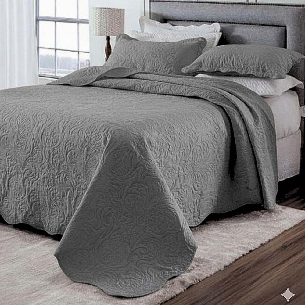 Kit Cobre Leito Colcha Basic Queen 3 Peças Dupla Face Liso Classic - Cinza Escuro - 100% Poliéster - 1