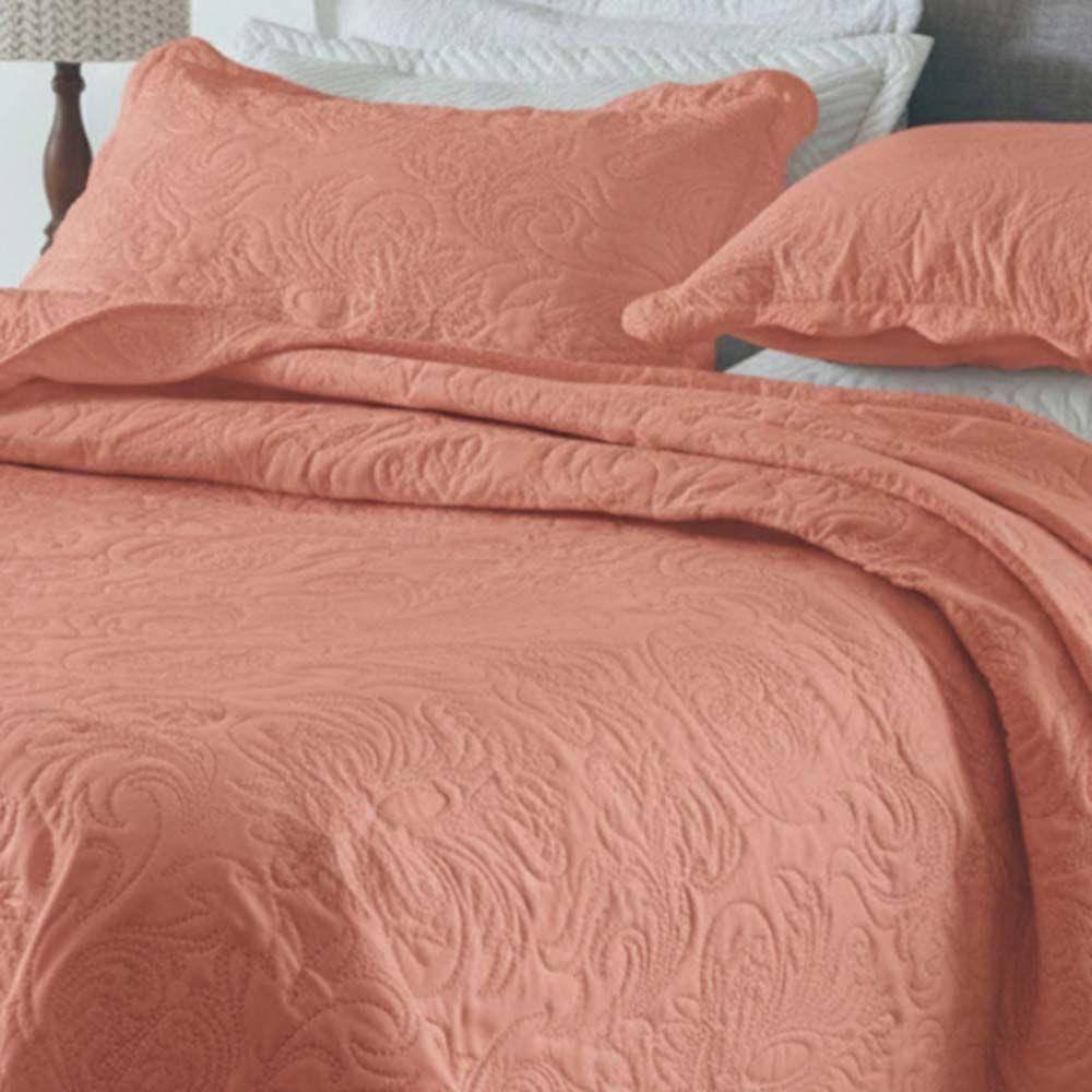 Kit Cobre Leito Colcha Basic Queen 3 Peças Dupla Face Liso Classic - Salmão Escuro - 100% Poliéster - 2