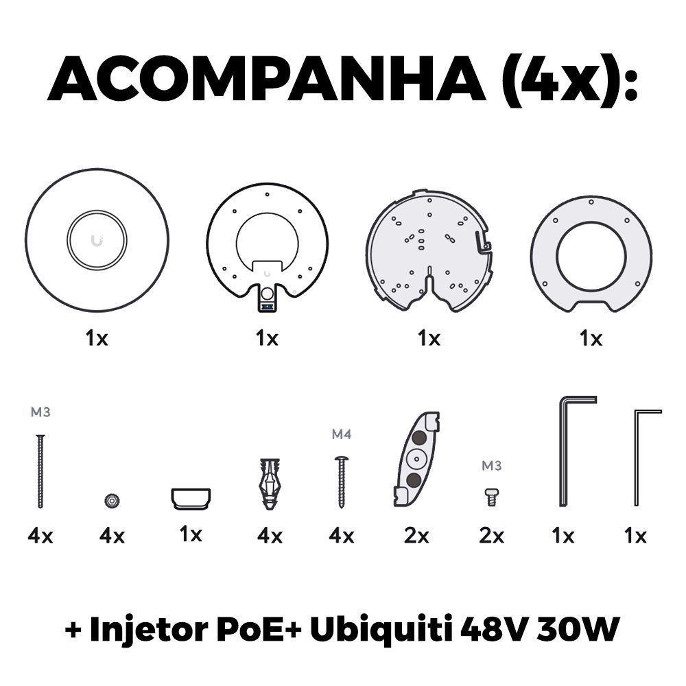 4 Roteadores Wifi 6 Access Point 5.3 Gbps + 4 Injetores Poe+ 4 U6 Pro Ubiquiti Com 4 Fontes 48v 30w - 2
