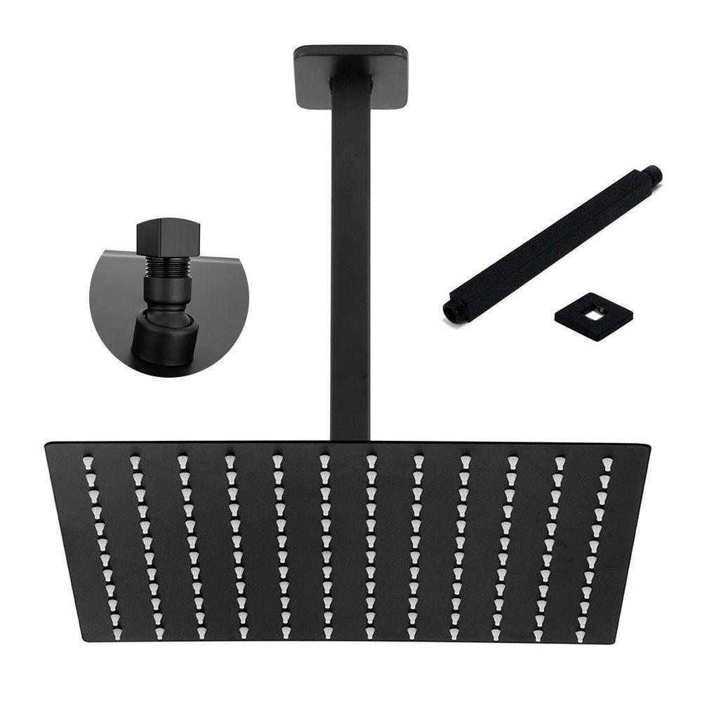 Chuveiro Ducha Preto Fosco 20x20 Inox Suporte Teto Quadrado - 1