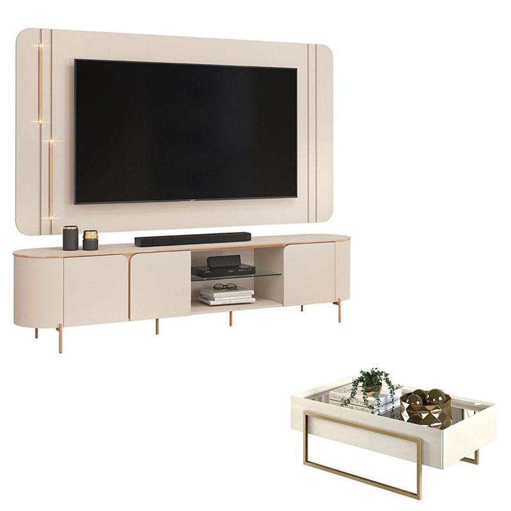 Rack Bancada Com Painel Ariana E Mesa De Centro Pilar Off White – Dj Móveis - 1