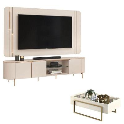 Rack Bancada Com Painel Ariana E Mesa De Centro Petri Off White – Dj Móveis