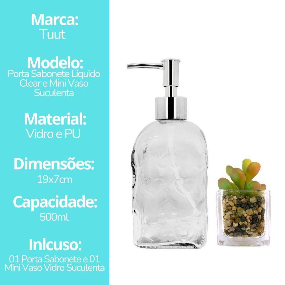 Jogo Porta Sabonete Líquido Vidro Clear Coração E Mini Vaso Suculenta - Tuut - 6