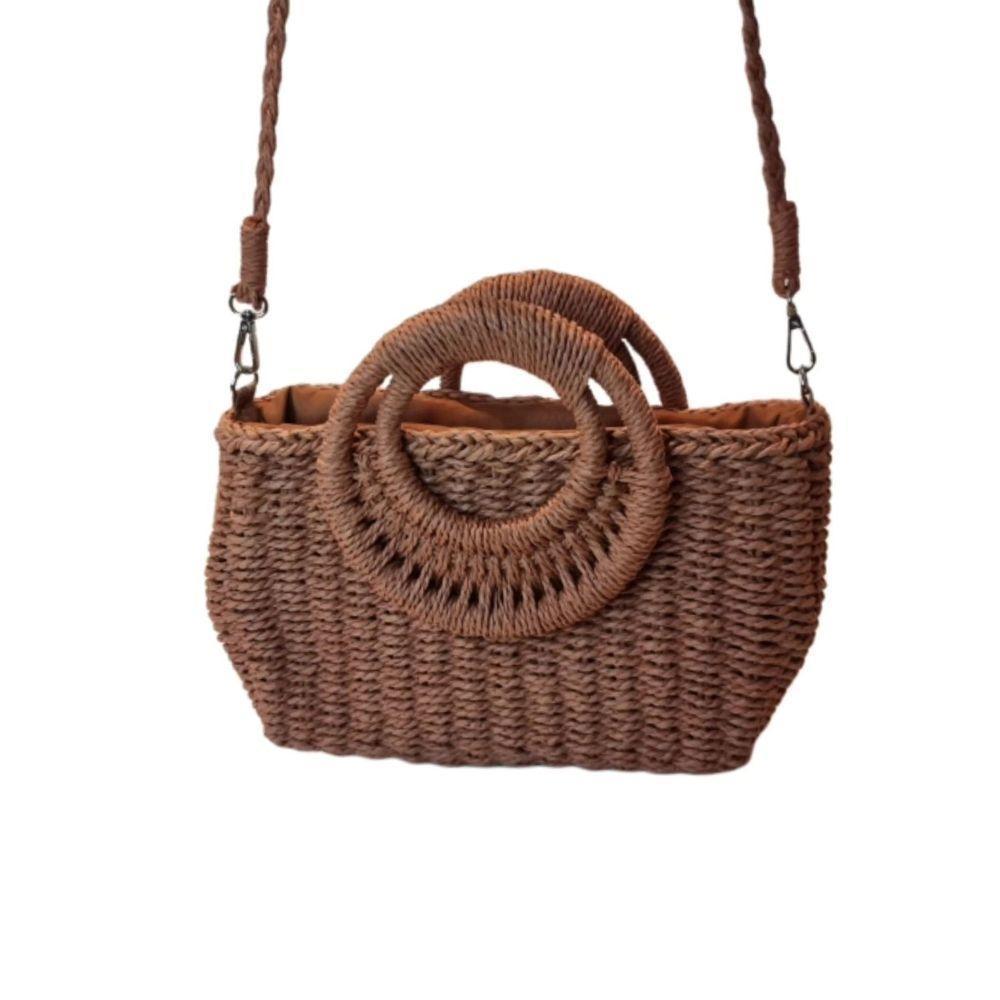 Bolsa Artesanal Praia Forrada Meia Lua Retangular Verão Marrom - 1