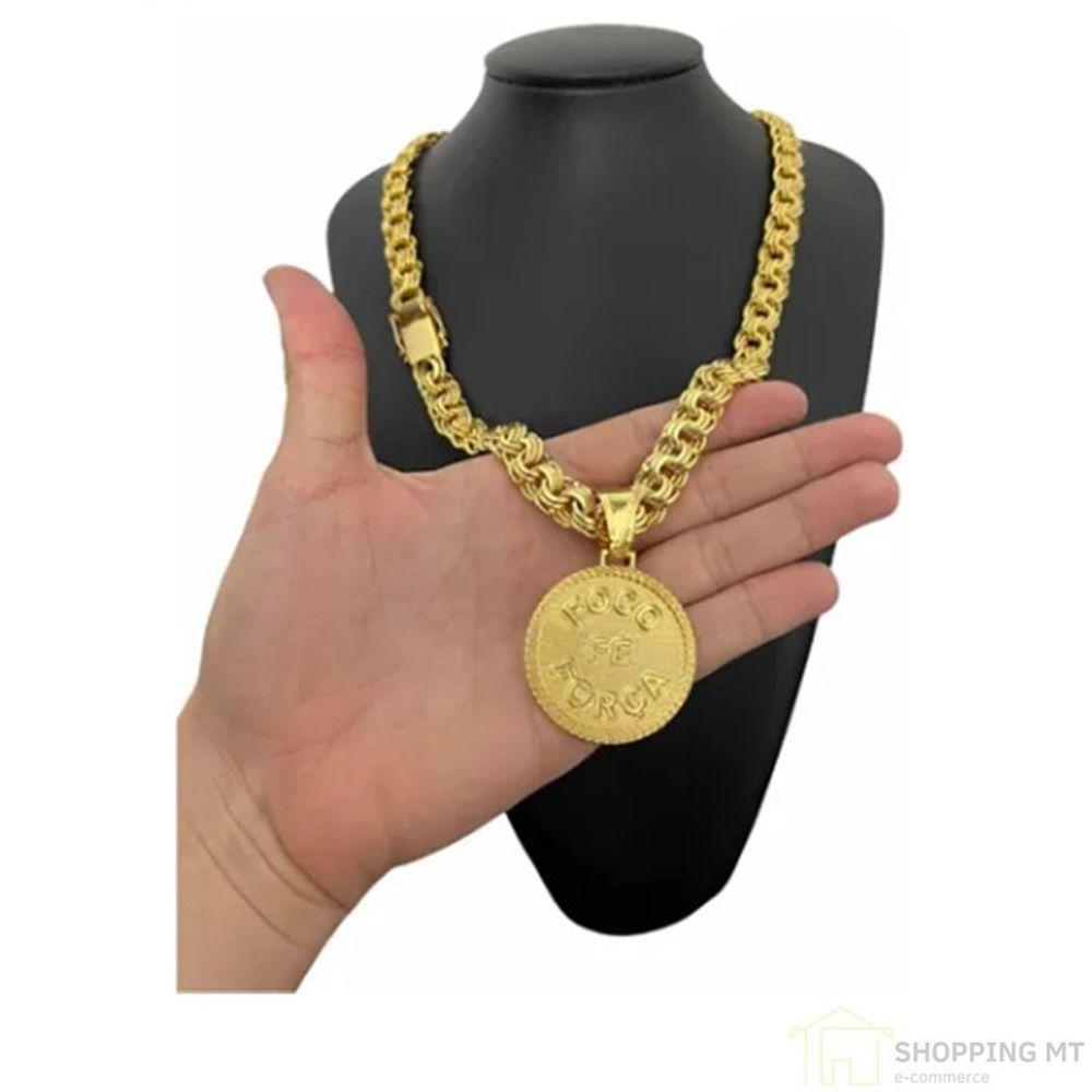 Corrente Cordão Banhado Ouro 12Mm C/ Pingente Tripo Friso - 2