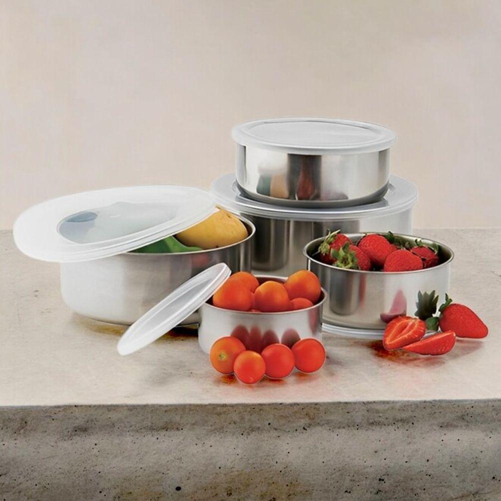 Conjunto De Tigelas De Aço Inoxidável Com Tampa - 5 Peças - 1