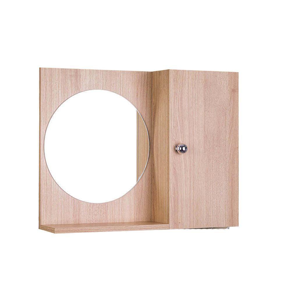 Espelho Redondo para Banheiro com Armário Madeira Clara - 1