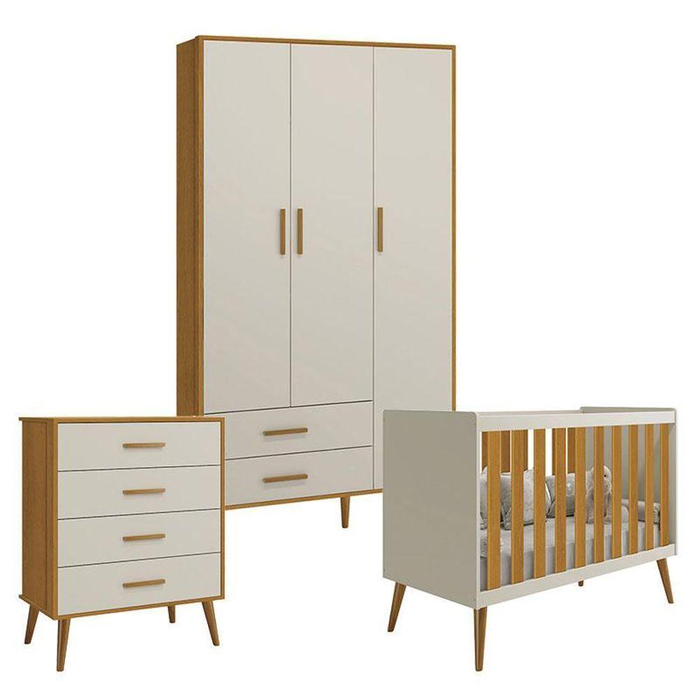 Quarto De Bebê Isis 3 Portas Com Gaveteiro Areia Acetinado Savana - Reller - 1