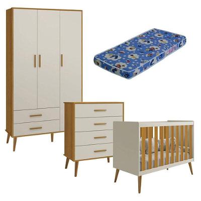 Quarto De Bebê Isis 3 Portas Com Gaveteiro Areia Acetinado Savana E Colchão Ortobom - Reller