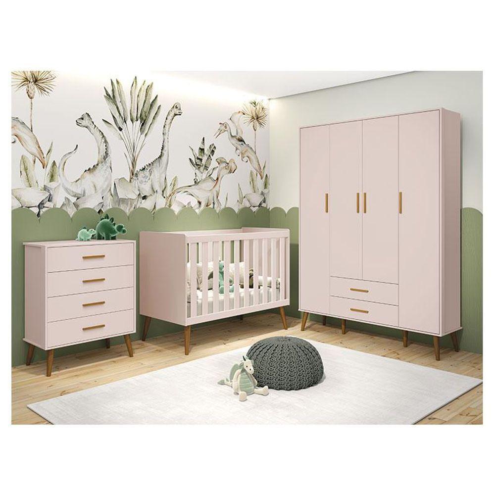 Quarto De Bebê Isis 4 Portas Com Gaveteiro Rosa Acetinado - Reller - 1