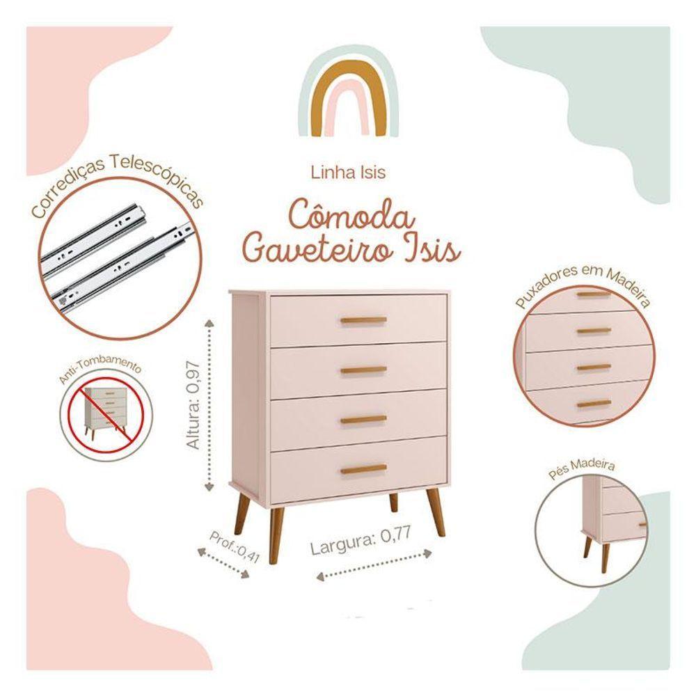 Quarto De Bebê Isis 4 Portas Com Gaveteiro Rosa Acetinado - Reller - 4