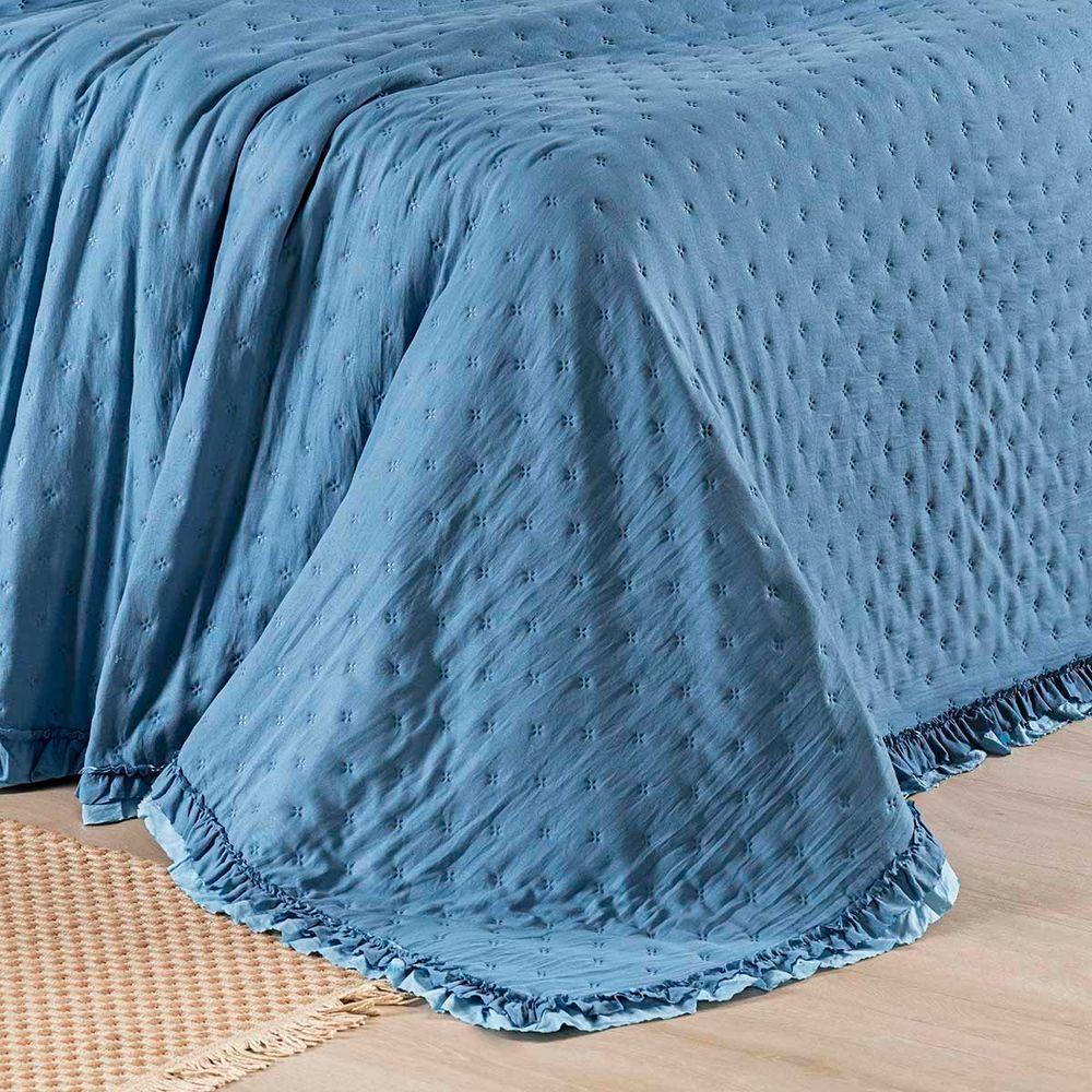 Kit Cobre Leito Colcha Vitta Queen Matelado C/ Babadinhos 200 Fios 3 Peças Azul - 100% Poliéster - 6