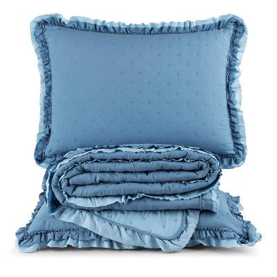 Kit Cobre Leito Colcha Vitta Queen Matelado C/ Babadinhos 200 Fios 3 Peças Azul - 100% Poliéster