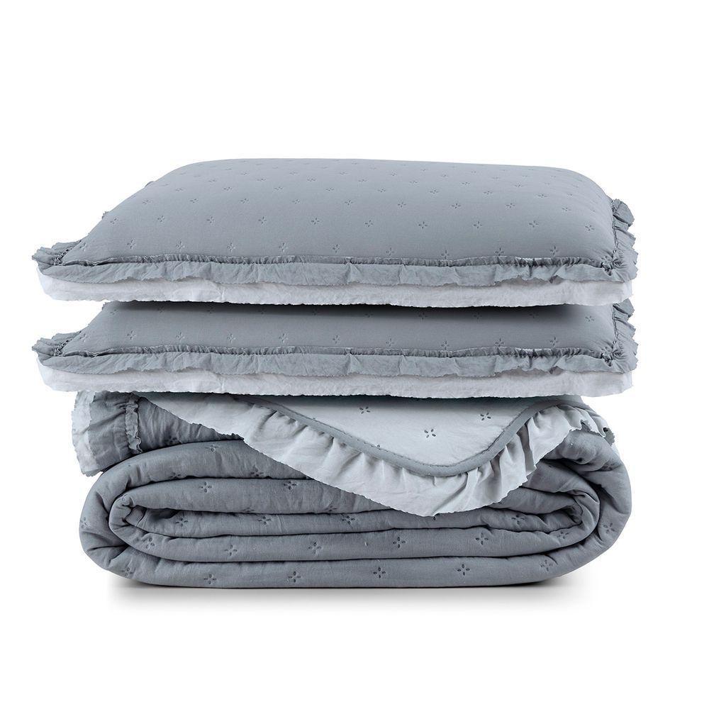Kit Cobre Leito Colcha Vitta Queen Matelado C/ Babadinhos 200 Fios 3 Peças Cinza - 100% Poliéster - 8