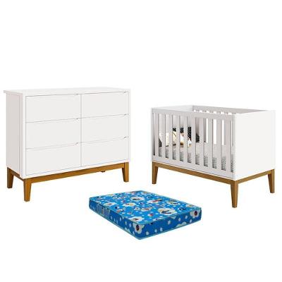 Berço Americano E Cômoda 6 Gavetas New Classic Branco Com Pés Madeira E Colchão Ortobom  - Reller