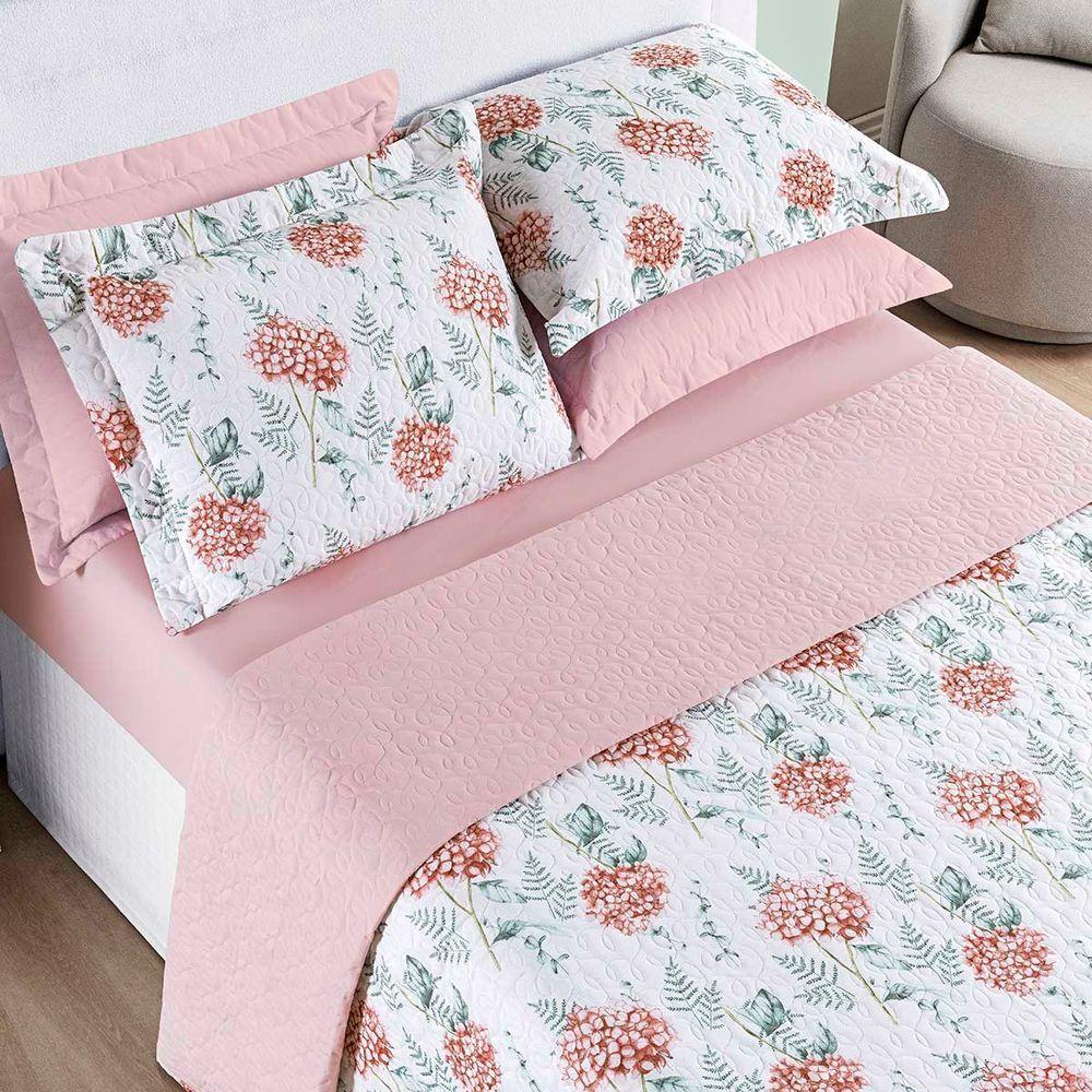 Kit Cobre Leito Colcha Maris Casal Padrão Estampado Dupla Face Percalle 200 Fios 3 Peças Hortênsia Salmão - 1