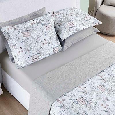 Kit Cobre Leito Colcha Maris Casal Padrão Estampado Dupla Face Percalle 200 Fios 3 Peças Protea Cinza