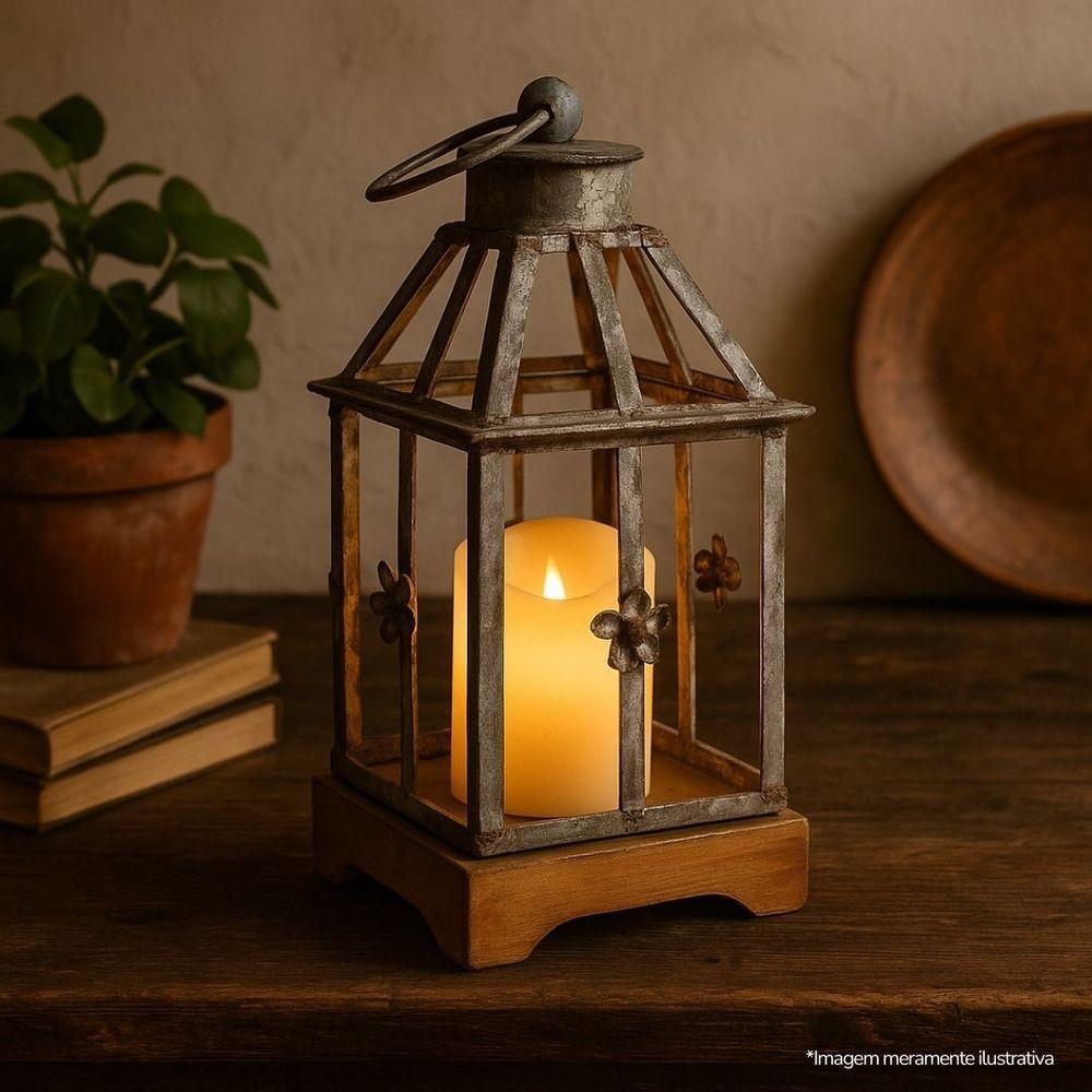 Lanterna Decorativa Iluminada Ferro E Madeira Cinza Envelhecido 28cm - Bela Flor - 2
