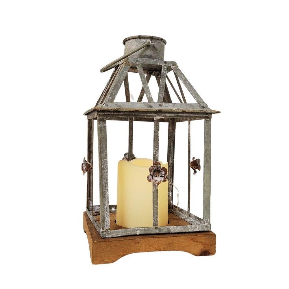 Lanterna Decorativa Iluminada Ferro E Madeira Cinza Envelhecido 28cm - Bela Flor - 5