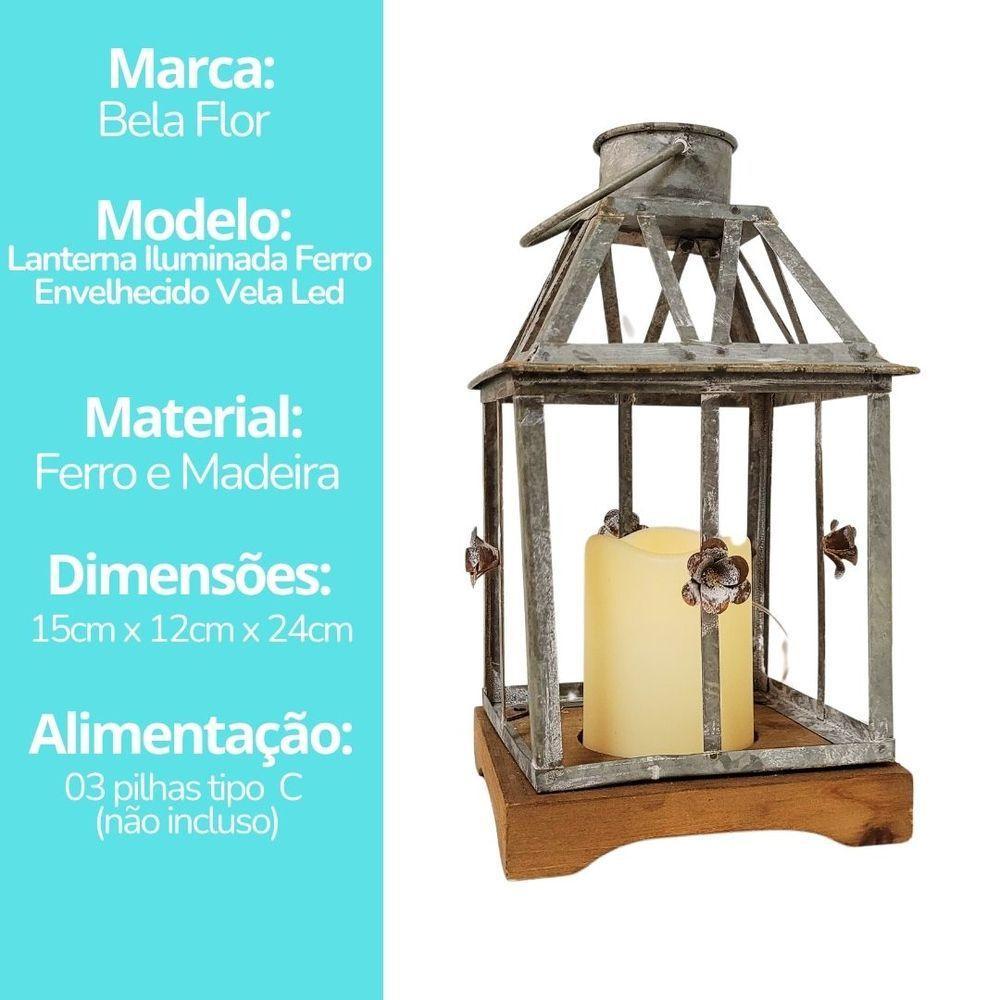 Lanterna Decorativa Iluminada Ferro E Madeira Cinza Envelhecido 28cm - Bela Flor - 6
