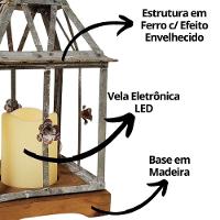 Lanterna Decorativa Iluminada Ferro E Madeira Cinza Envelhecido 28cm - Bela Flor - 3