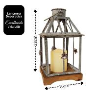 Lanterna Decorativa Iluminada Ferro E Madeira Cinza Envelhecido 28cm - Bela Flor