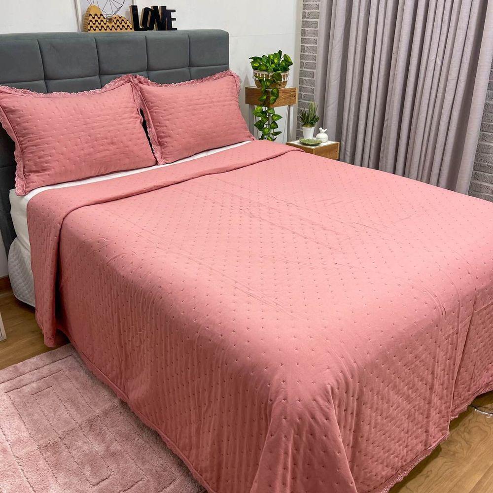 Kit Cobre Leito Casal Amelie + 2 Porta Travesseiros Rosa - 3