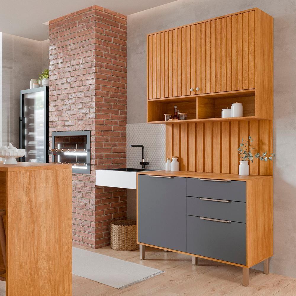 Armário Aéreo Com Balcão Painel Divina 120cm 4 Portas E 2 Gavetas Cinamomo/Titanium - 2