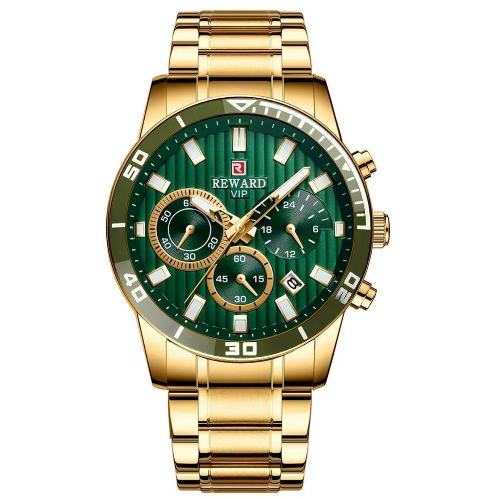 Relógio De Quartzo Casual Masculino Pulseira De Aço Inoxidável À Prova Da Água Verde Dourado - 1
