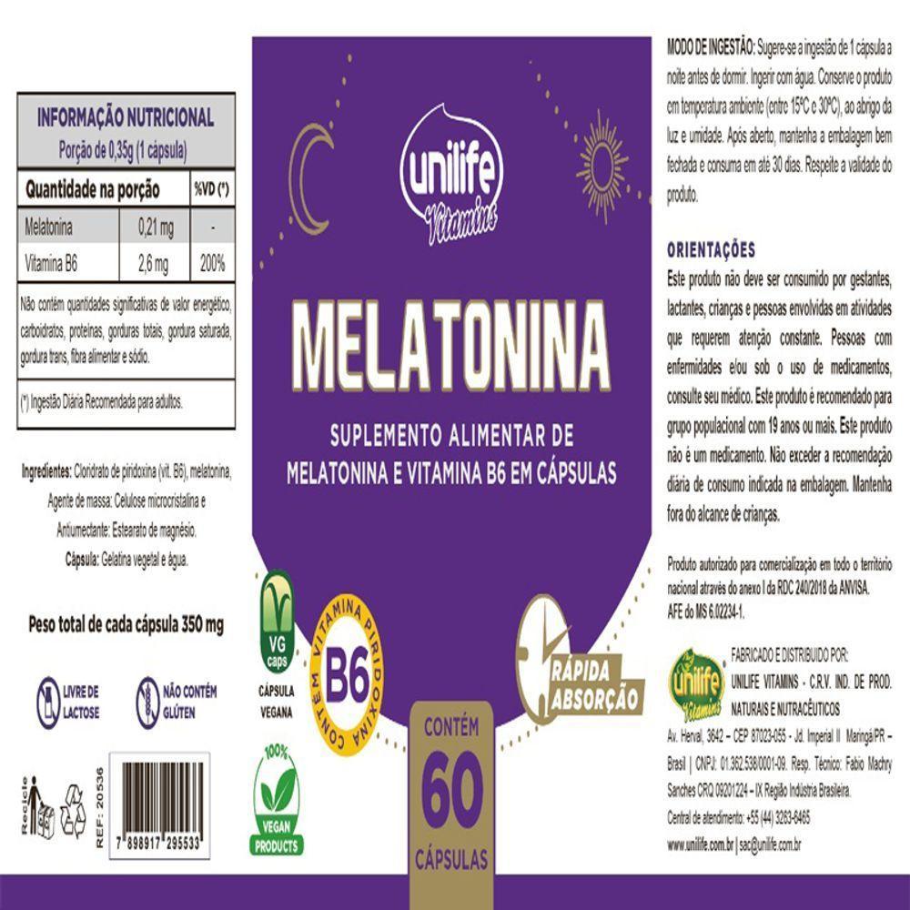Kit 2 Melatonina + B6 Unilife 60 Cápsulas - 6
