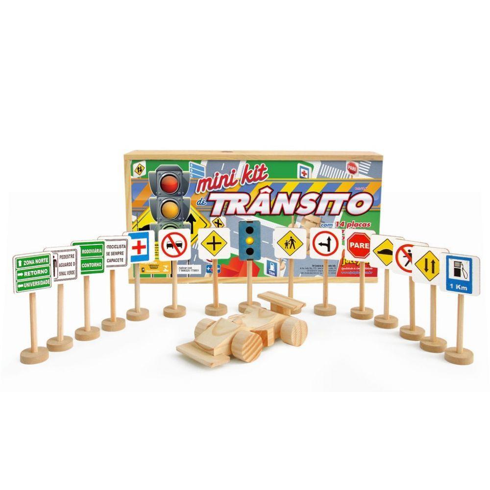 Mini Kit De Transito Com 14 Placas 1 E 1 Carrinho De Madeira - 1