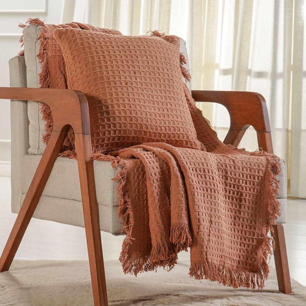 Manta Decorativa Para Sofá Waffle 100% Algodão 160x220cm Terracota - 1