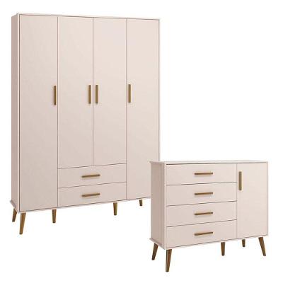 Cômoda Com Porta E Guarda Roupa Infantil 4 Portas Isis Rosa Acetinado - Reller