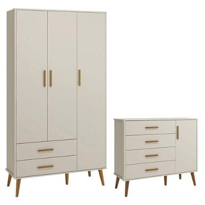 Cômoda com Guarda Roupa Infantil Isis 3 Portas Giratórias 4 Gavetas MDF Areia Acetinado